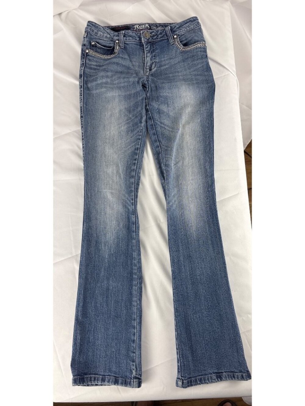 Rock 47 Women"s Low Rise Bootcut Jeans W29/L34 With Embellished Pockets Y2K